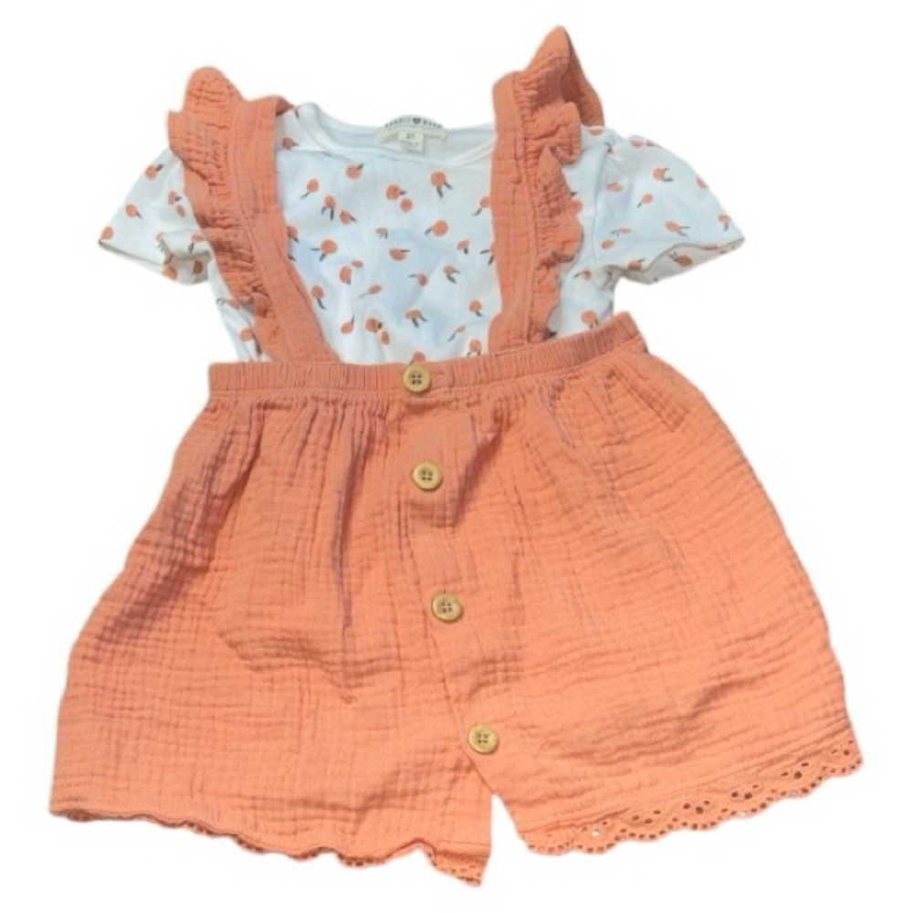 Rabbit + Bear Matching Outfit Dress Shirt Organic Cotton Peach Overalls Girls 2T